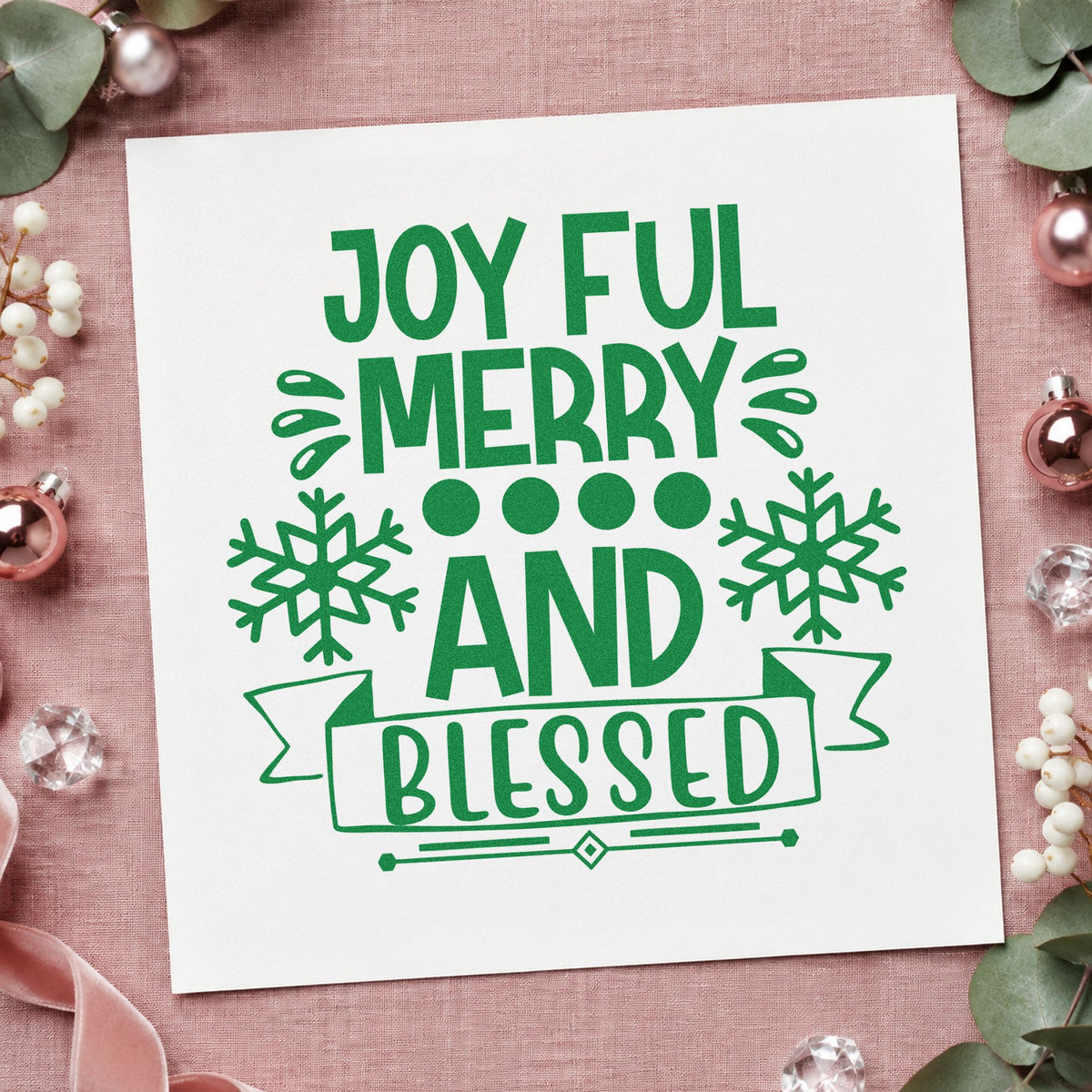 Joyful Merry Blessed Snowflake Banner craft stamp imprint in green ink on a handmade project, one idea being key word gift tags.