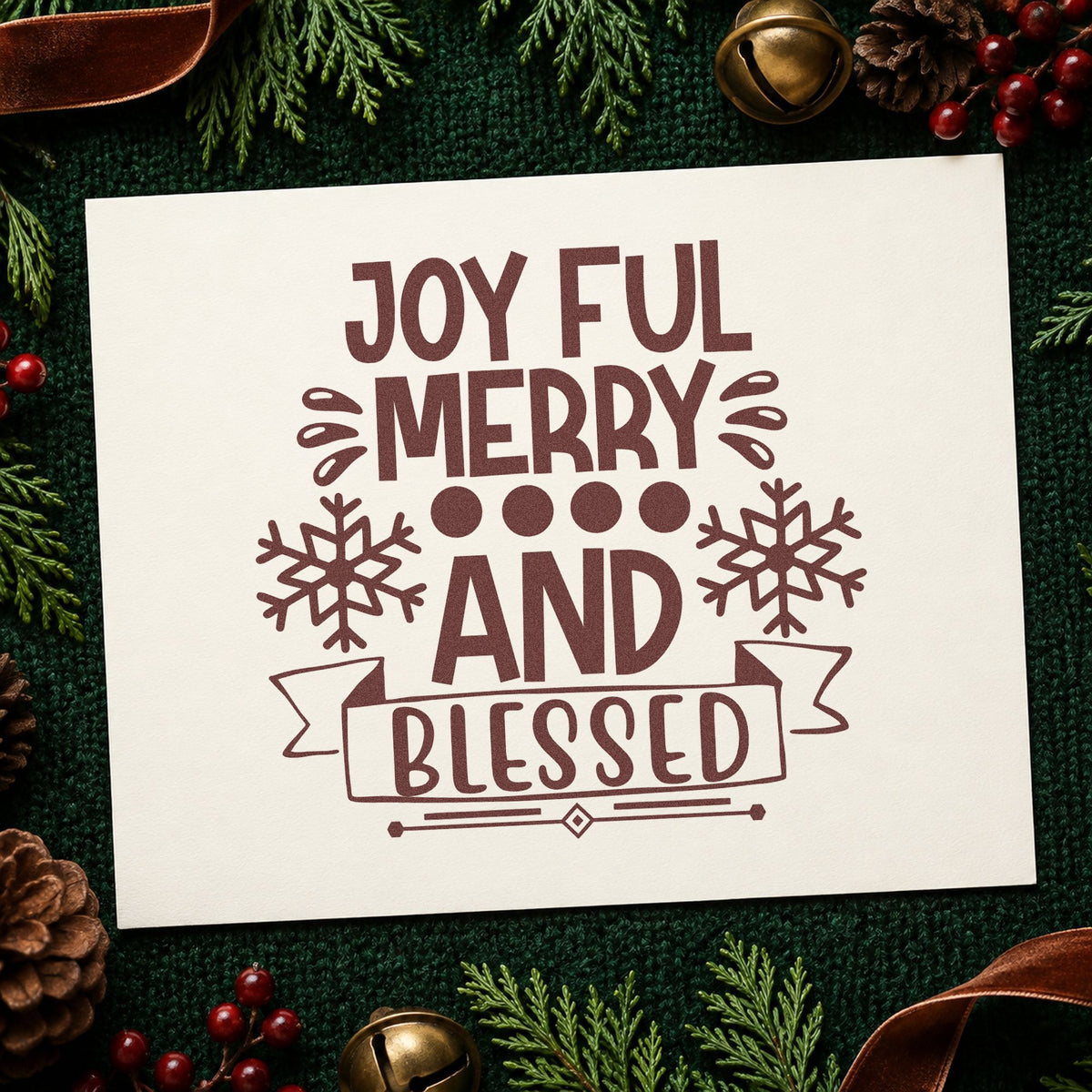 Joyful Merry Blessed Snowflake Banner rubber stamp printed in brown ink, ready for highlight note sheet and similar paper crafts.