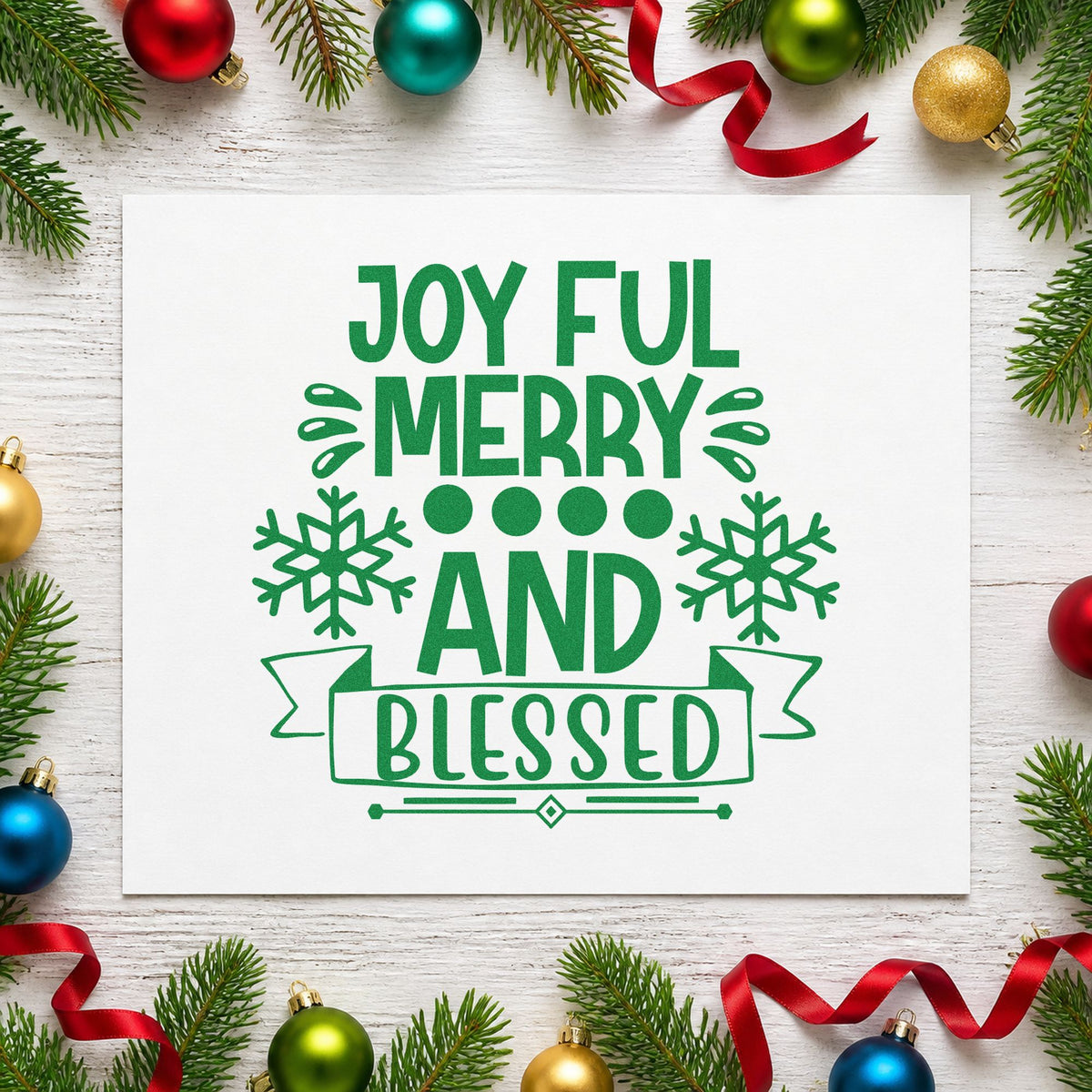 Joyful Merry Blessed Snowflake Banner craft stamp imprinted in green ink on paper, a design suited to framed accent print.