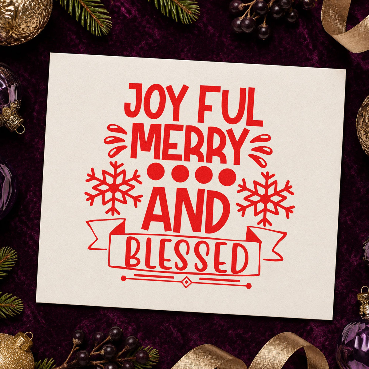 Joyful Merry Blessed Snowflake Banner rubber stamp shown in red ink, stamped for projects such as priority bin labels.