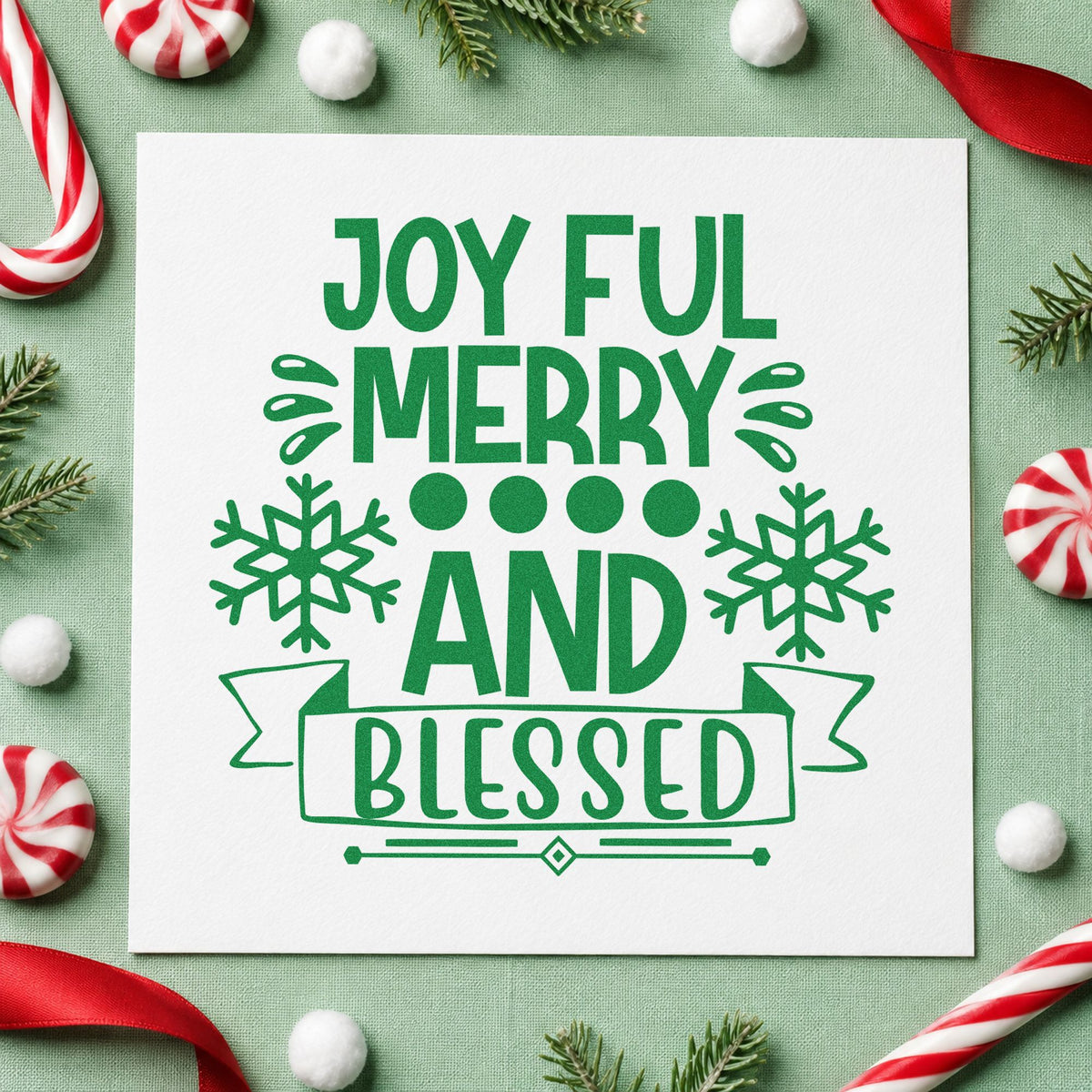 Joyful Merry Blessed Snowflake Banner craft stamp imprint in green ink on a handmade project, one idea being program focus cards.