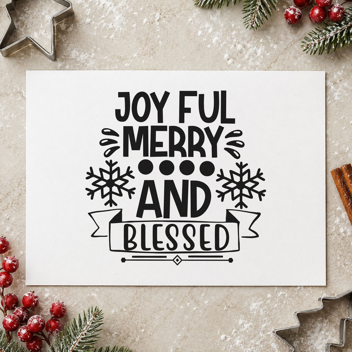 Joyful Merry Blessed Snowflake Banner rubber stamp printed in black ink, ready for banner around word cards and similar paper crafts.