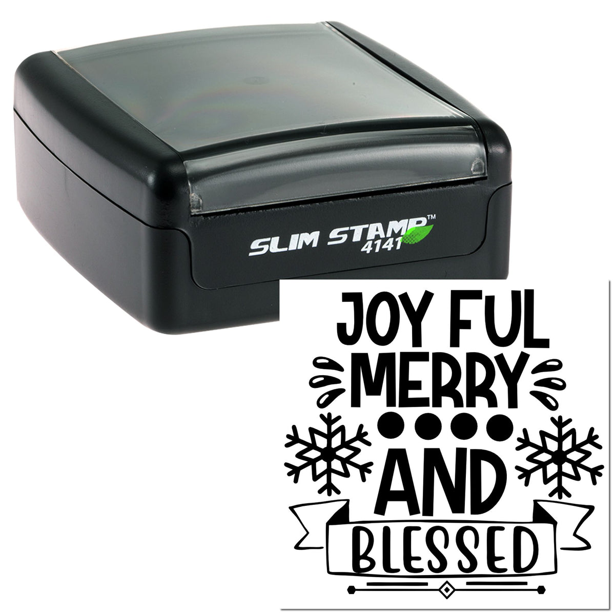 Black self-inking Slim Stamp 4141 with clear lid and a holiday seal featuring bold black Joyful Merry and Blessed text with snowflakes.
