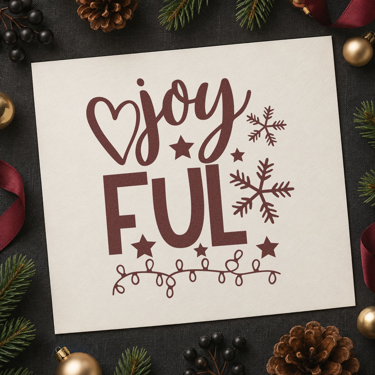 Joyful Snowflakes And Lights rubber stamp printed in brown ink, ready for mixed case sheet and similar paper crafts.