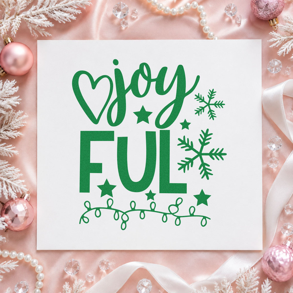 Joyful Snowflakes And Lights craft stamp imprint in green ink on a handmade project, one idea being display tour cards.