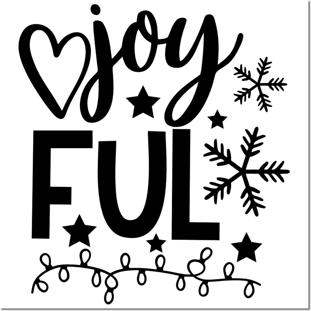 Black joyful holiday stamp and seal design with stars, snowflakes, and string lights on a white background.