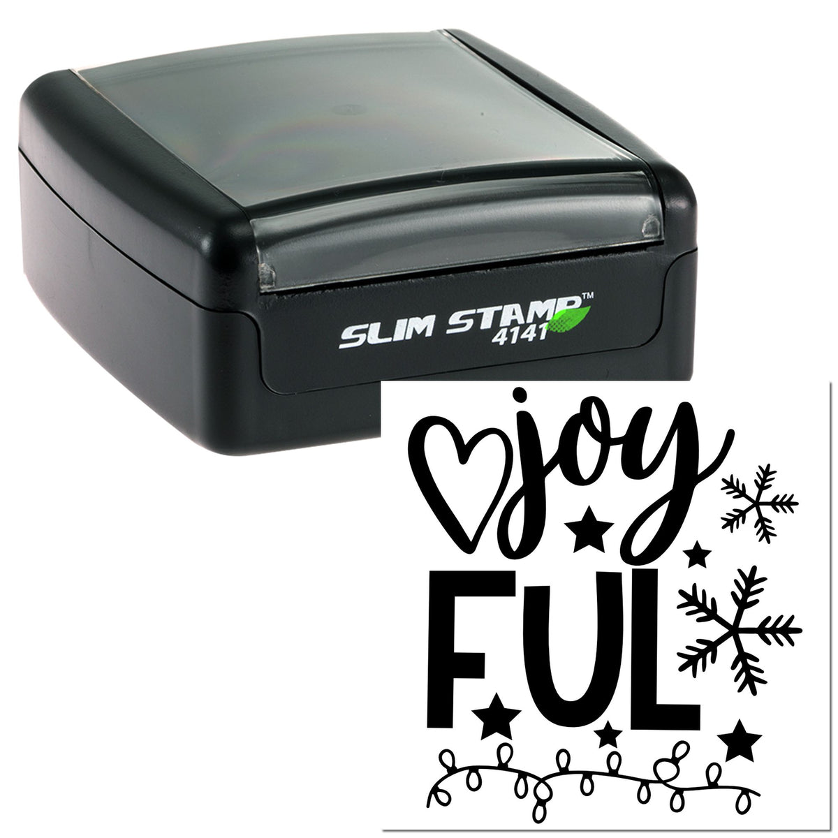 Black Slim Stamp 4141 self-inking stamp with winter holiday seal design reading joyful, stars, snowflakes, and string lights.