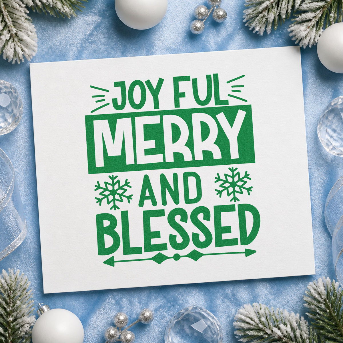 Joyful Merry Blessed Box craft stamp imprint in green ink on a handmade project, one idea being knockout gift tags.