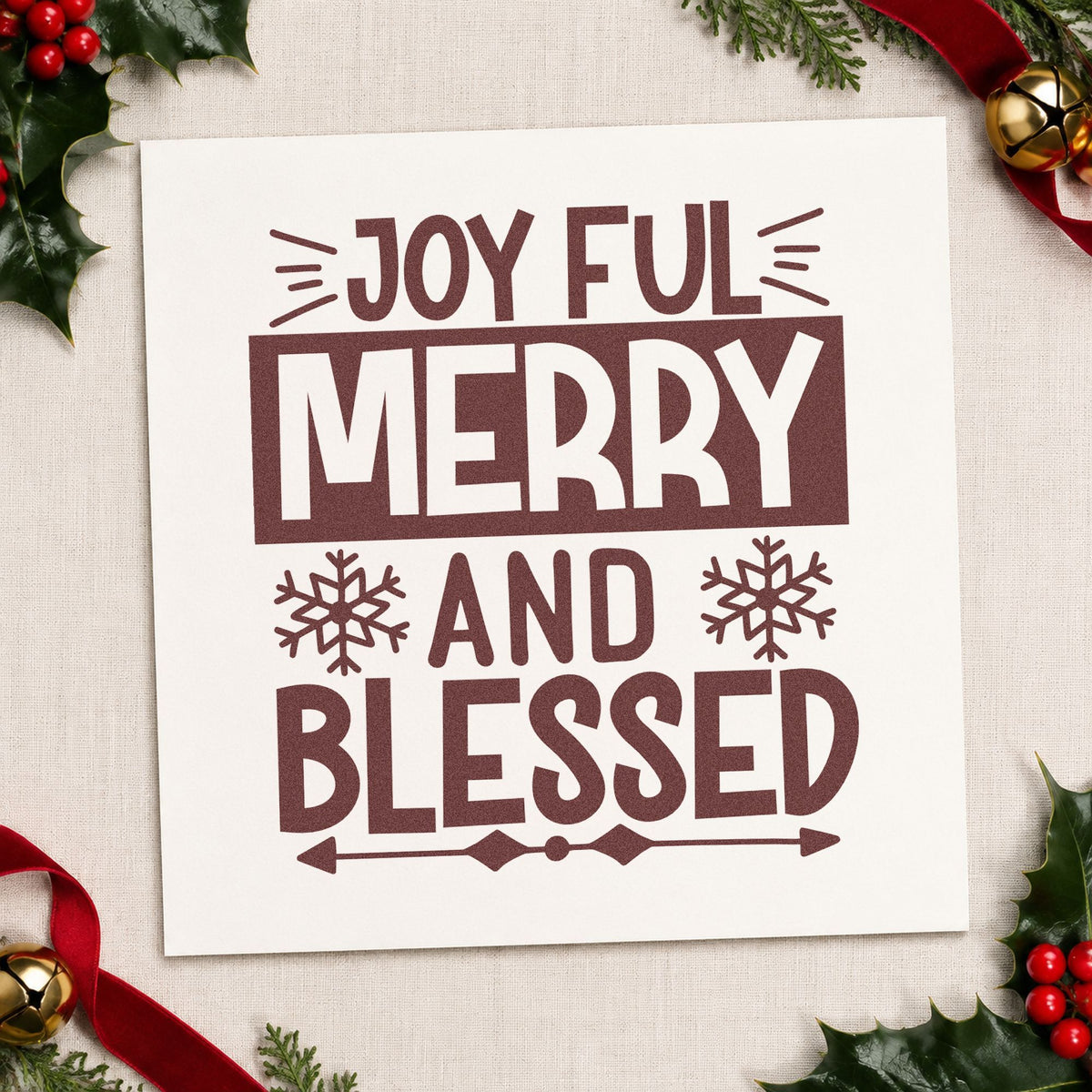 Joyful Merry Blessed Box rubber stamp printed in brown ink, ready for callout note sheet and similar paper crafts.