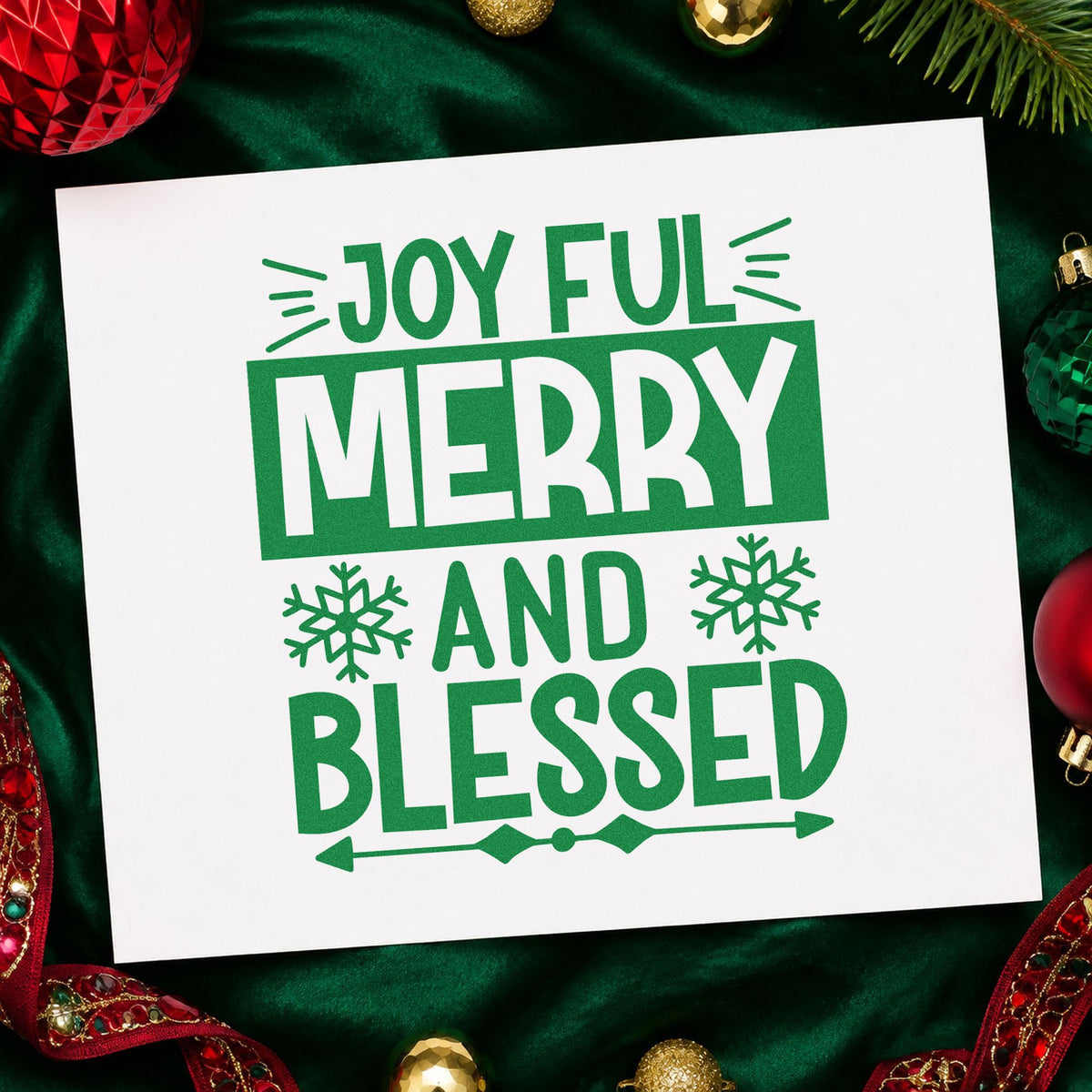 Joyful Merry Blessed Box craft stamp imprinted in green ink on paper, a design suited to framed contrast mat.