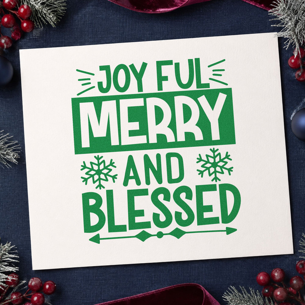 Joyful Merry Blessed Box craft stamp imprint in green ink on a handmade project, one idea being program call cards.