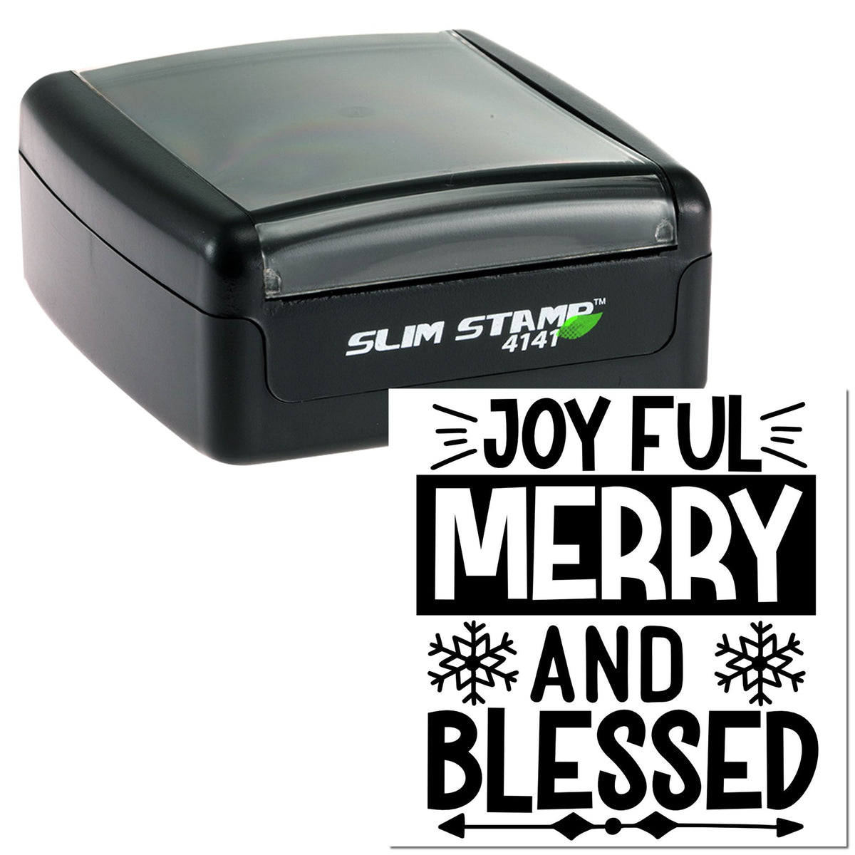 Black self-inking Slim Stamp with clear lid and festive holiday seal reading Joyful, Merry and Blessed in bold black.