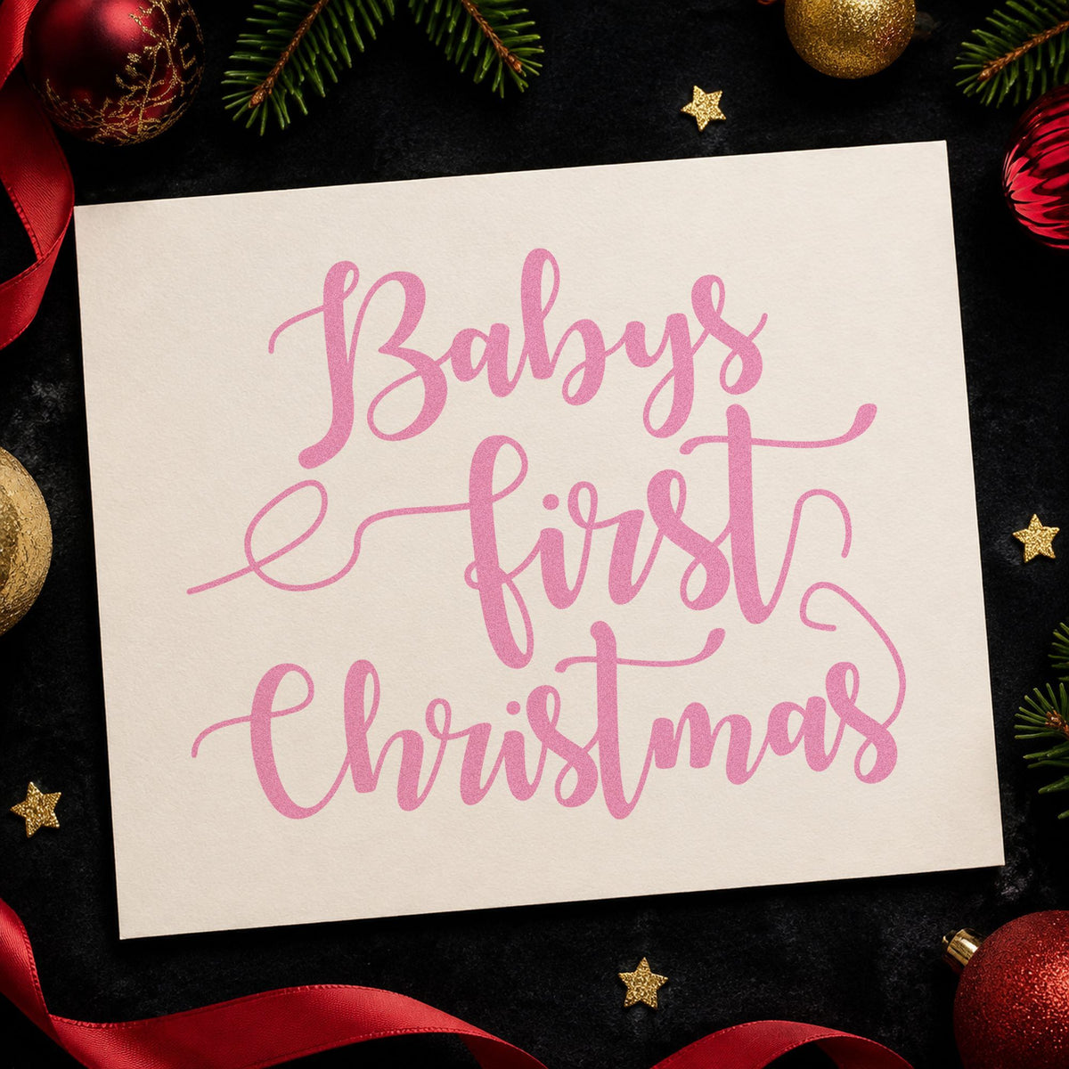 Baby's First Christmas Script craft stamp in purple ink on cardstock, an easy option for arrival album page.