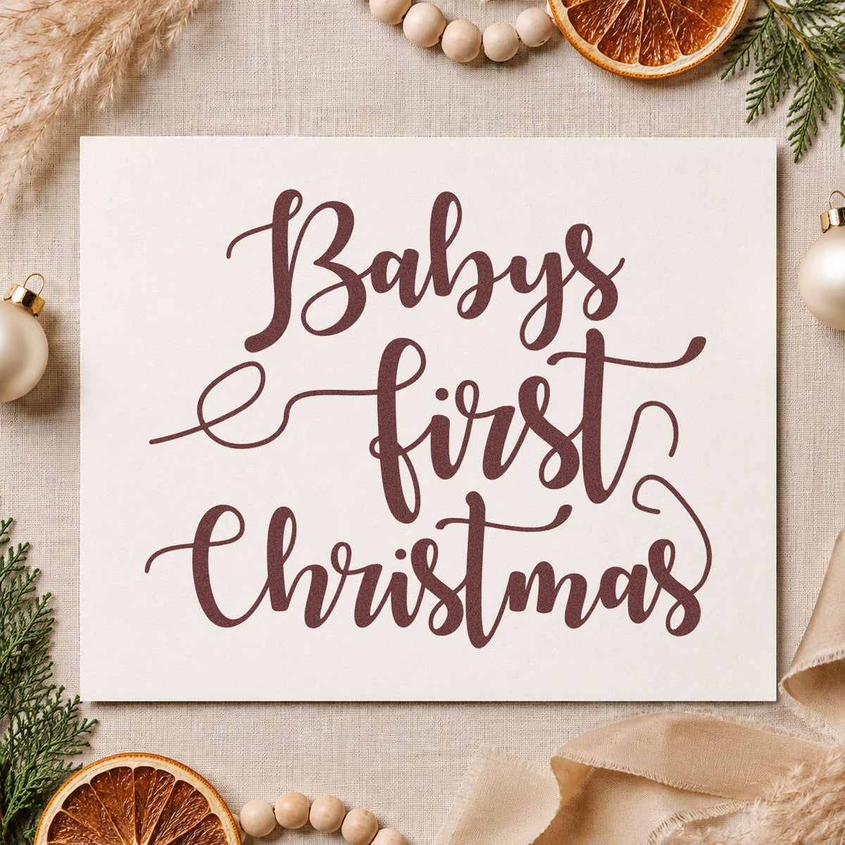 Baby's First Christmas Script rubber stamp printed in brown ink, ready for contact list sheet and similar paper crafts.