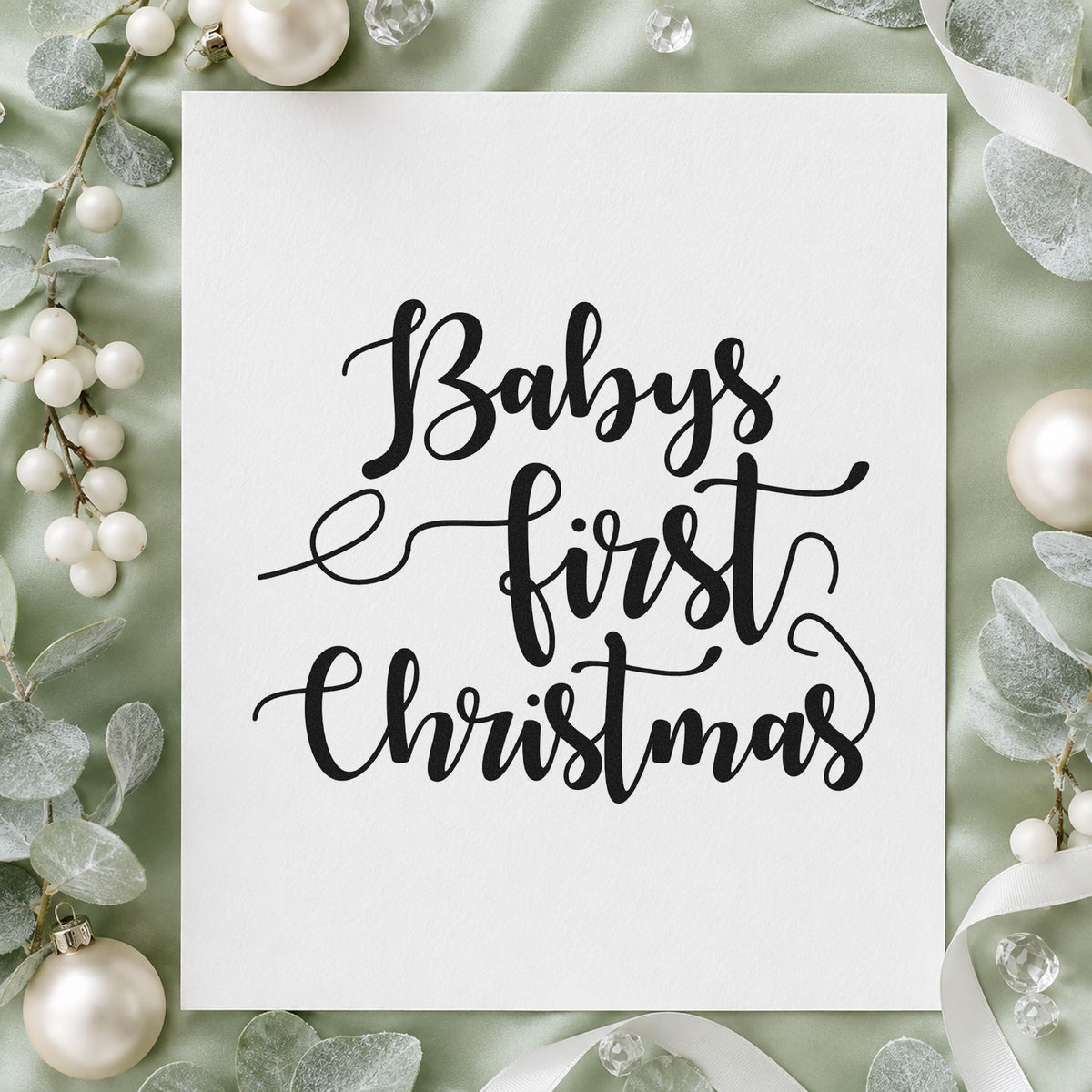 Baby's First Christmas Script rubber stamp printed in black ink, ready for babys first cards and similar paper crafts.