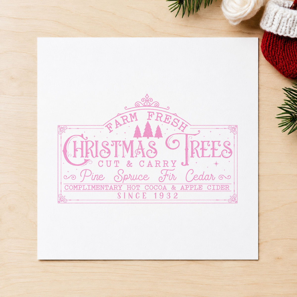 Farm Fresh Christmas Trees Sign craft stamp in purple ink on cardstock, an easy option for sign archive album.