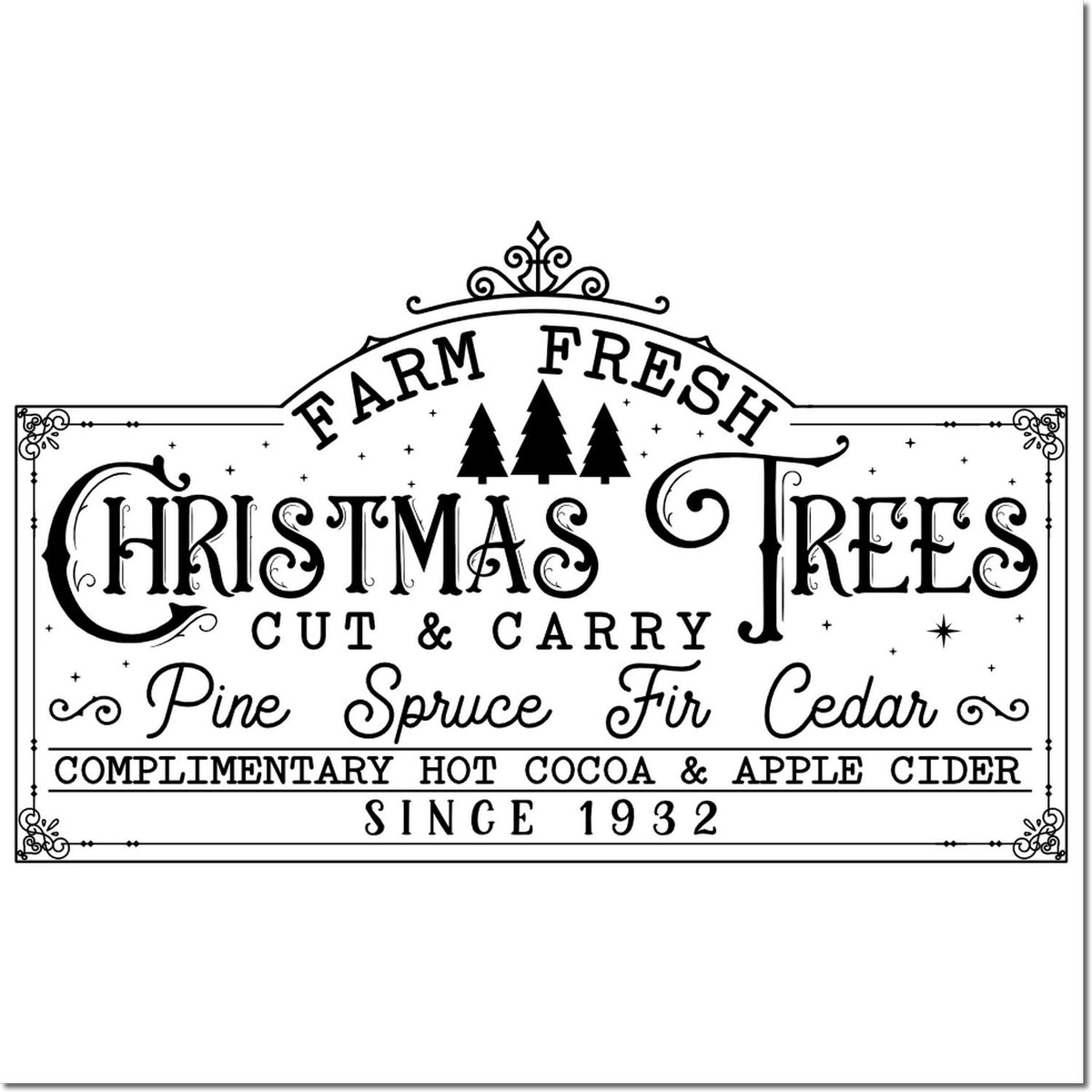 Black-and-white ornate Christmas tree stamp seal with pine, spruce, fir, cedar, and hot cocoa text since 1932.