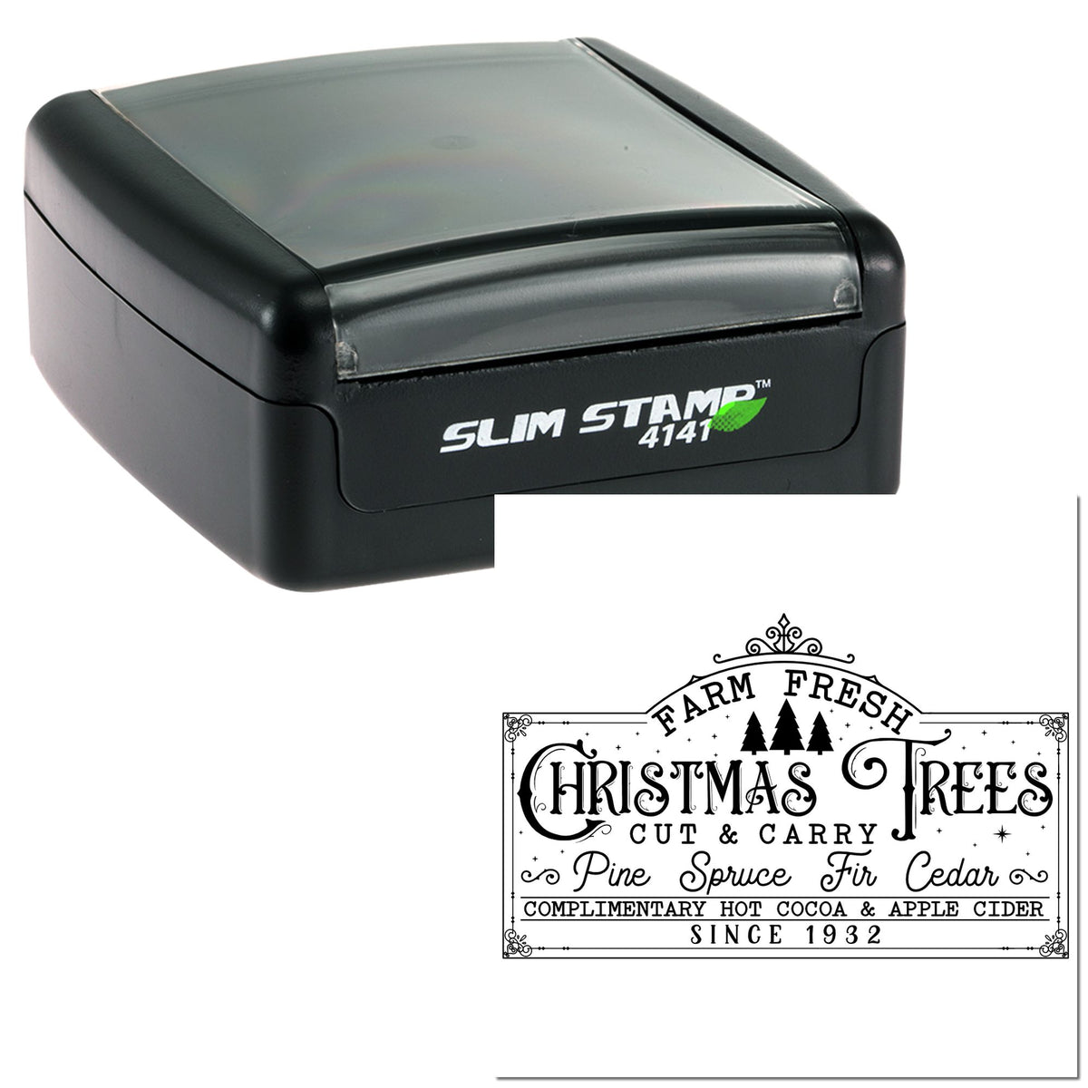 Black slim self-inking stamp with gray cover beside ornate black-and-white farm fresh Christmas trees seal.