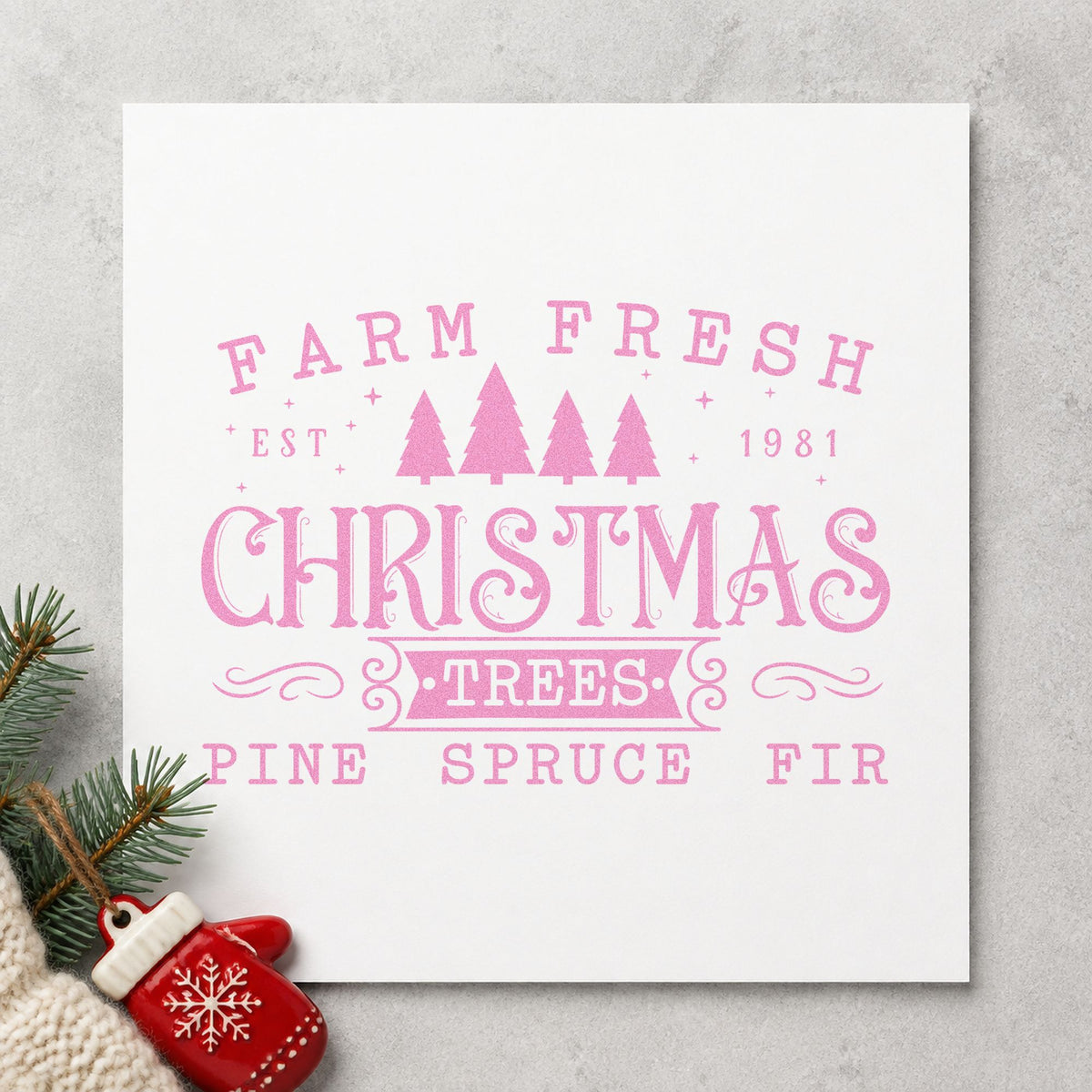 Farm Fresh Trees Est 1981 craft stamp in purple ink on cardstock, an easy option for anniversary album.