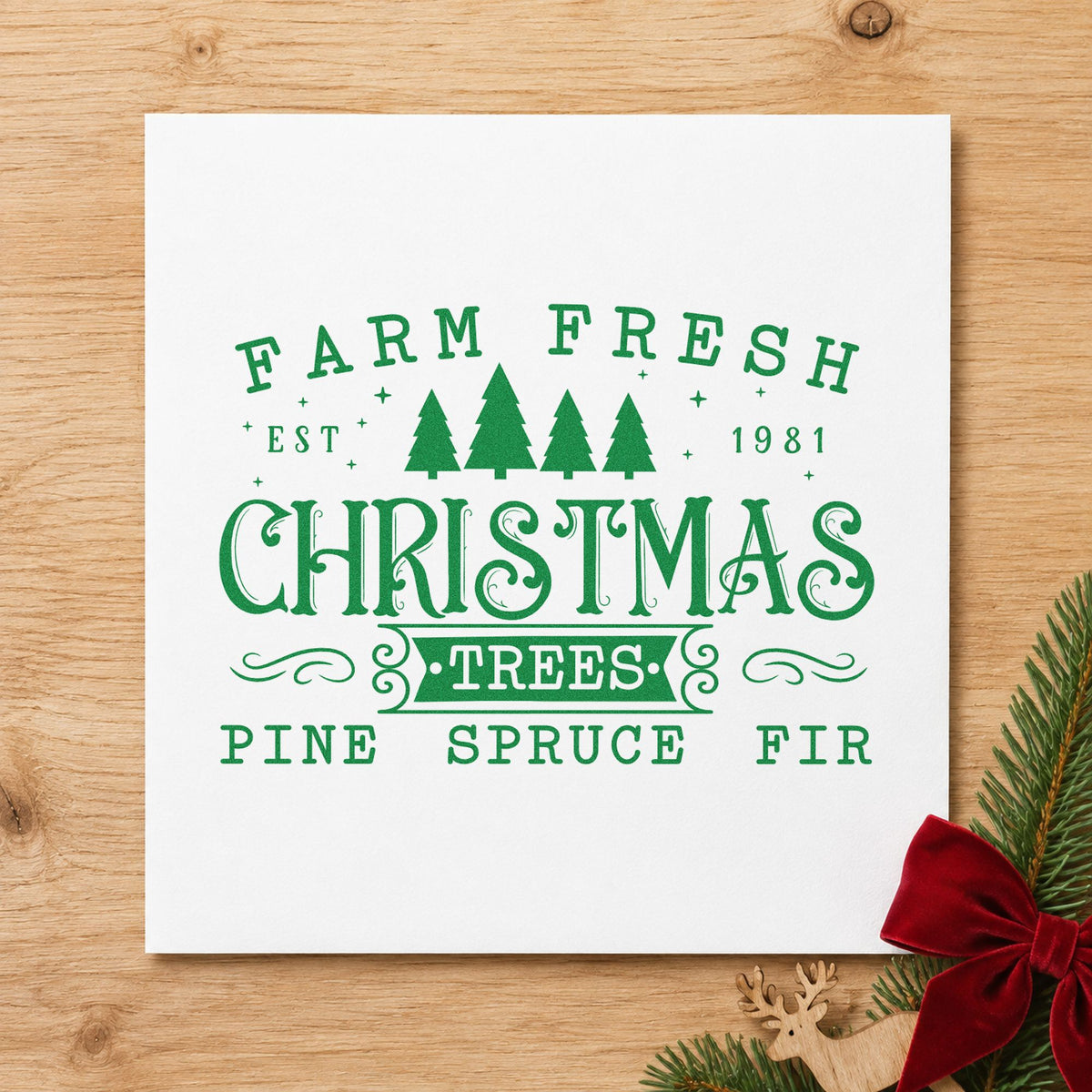 Farm Fresh Trees Est 1981 craft stamp imprint in green ink on a handmade project, one idea being milestone cards.