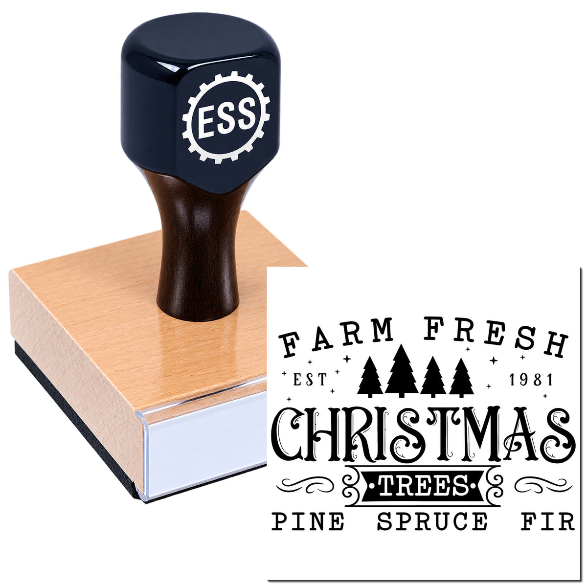 Black ESS stamp on a wooden block with a Farm Fresh Christmas Trees seal in bold black lettering and pine tree icons.