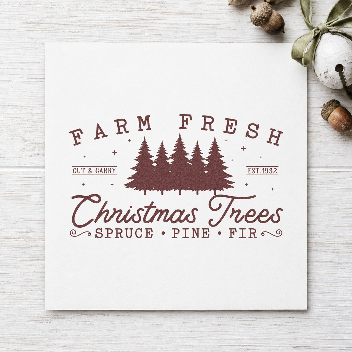 Farm Fresh Christmas Tree Row rubber stamp printed in brown ink, ready for inline header sheet and similar paper crafts.
