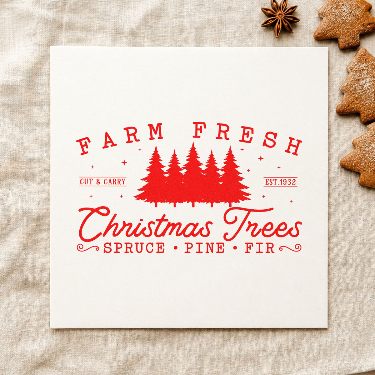 Farm Fresh Christmas Tree Row craft stamp in red ink on cardstock, an easy option for sack face printing.
