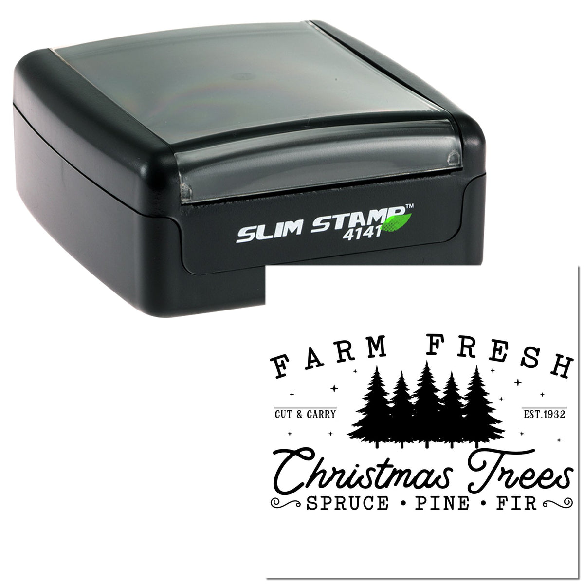 Black Slim Stamp self-inking stamp with Farm Fresh Christmas Trees seal design in black on white