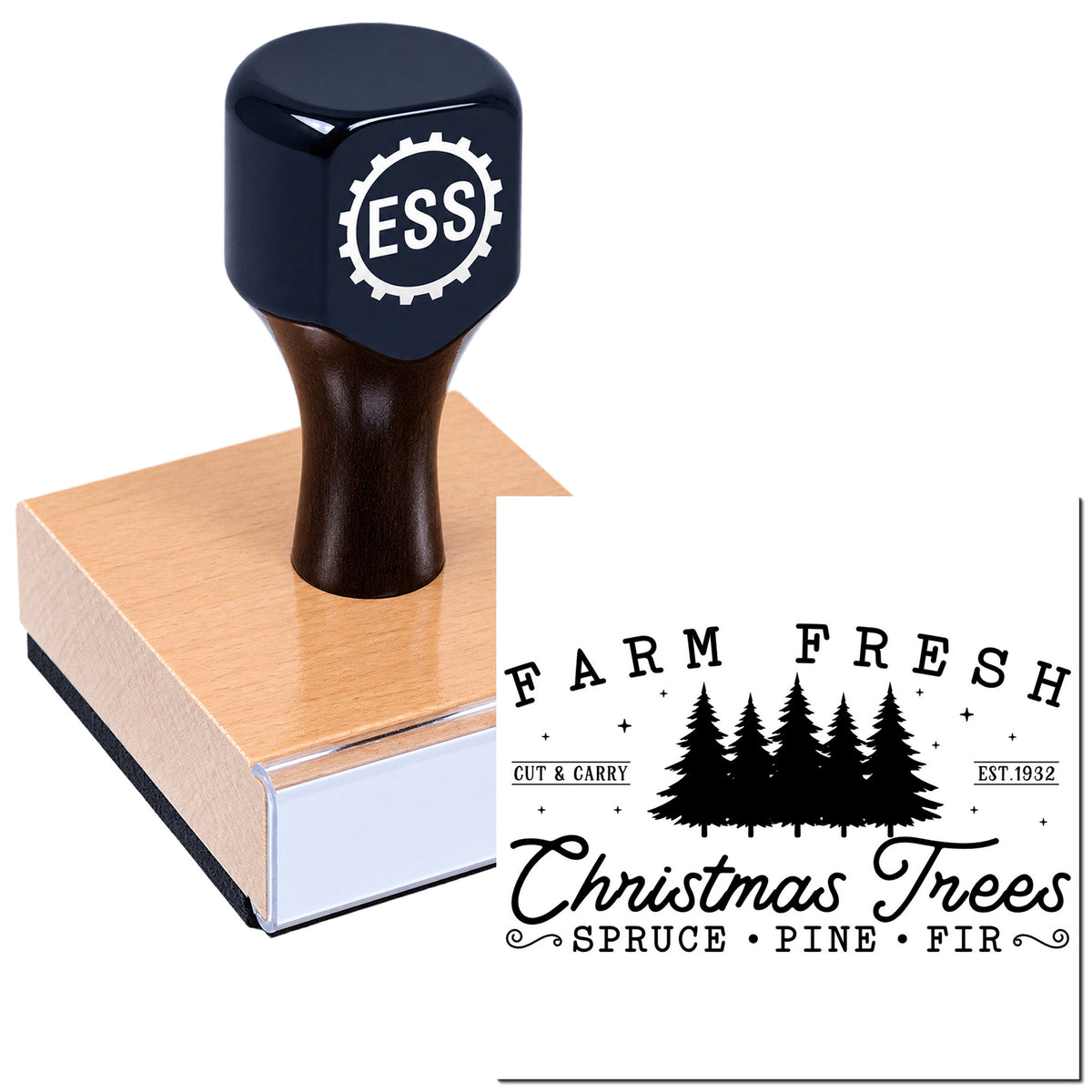 Dark navy ESS self-inking stamp on rose-gold base, imprinting a black Farm Fresh Christmas Trees seal on white.