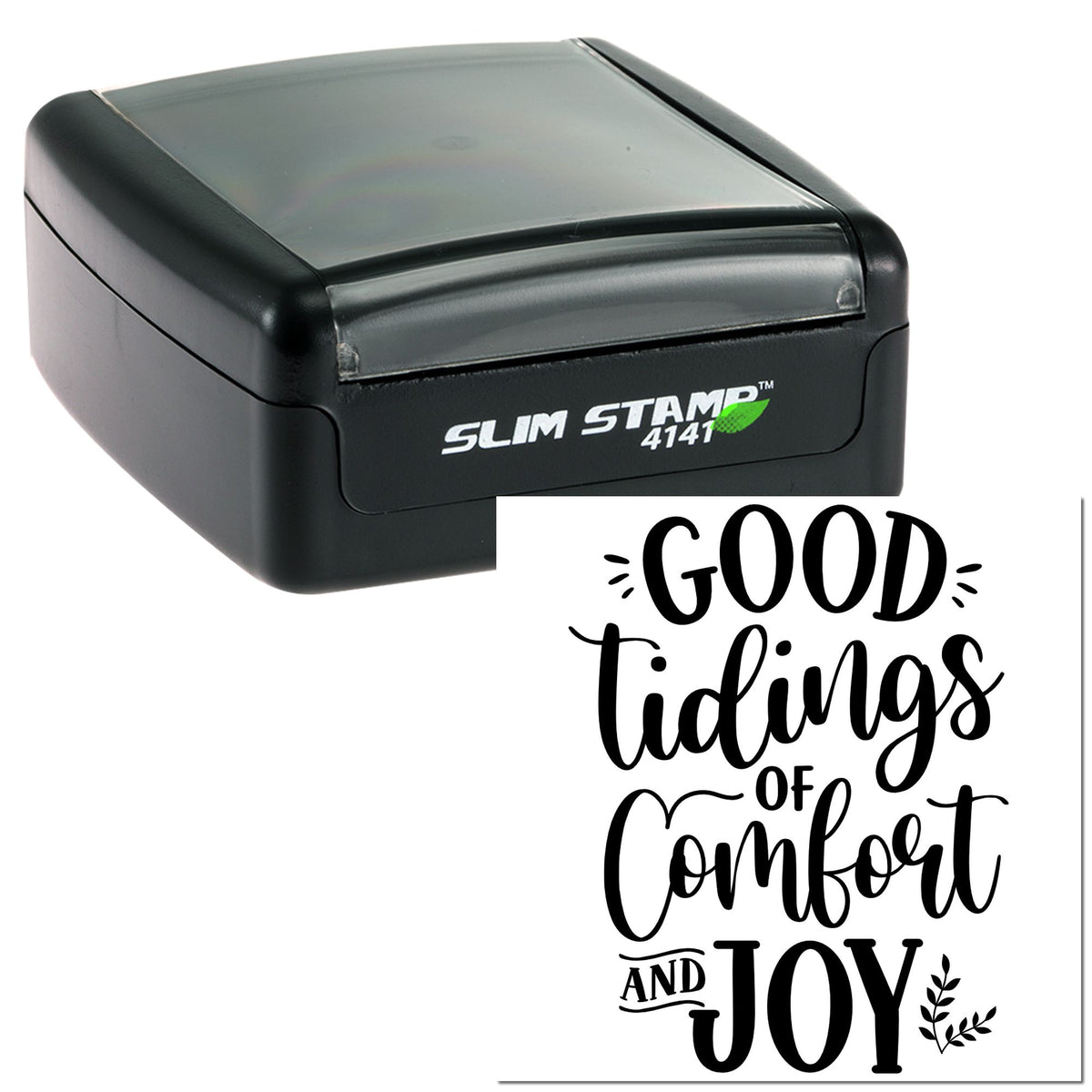 Black Slim Stamp self-inking seal with gray cover and Good Tidings of Comfort and Joy holiday design on white.