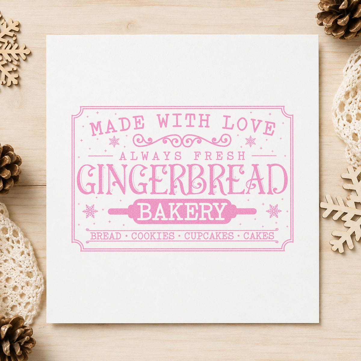 Gingerbread Bakery Vintage Sign craft stamp in purple ink on cardstock, an easy option for menu archive album.