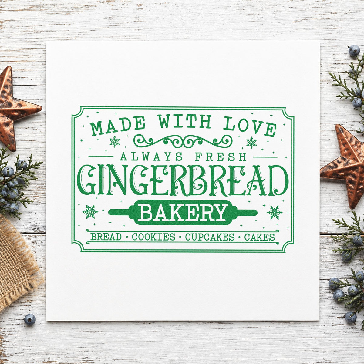 Gingerbread Bakery Vintage Sign craft stamp imprint in green ink on a handmade project, one idea being bakery box tags.