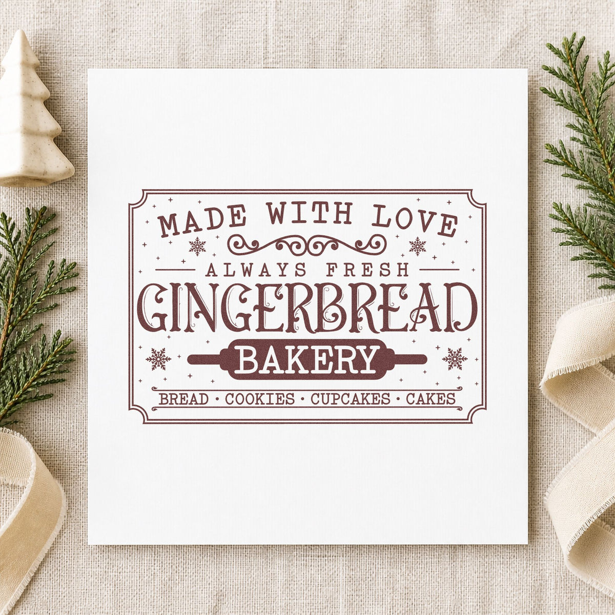 Gingerbread Bakery Vintage Sign rubber stamp printed in brown ink, ready for daily goods sheet and similar paper crafts.