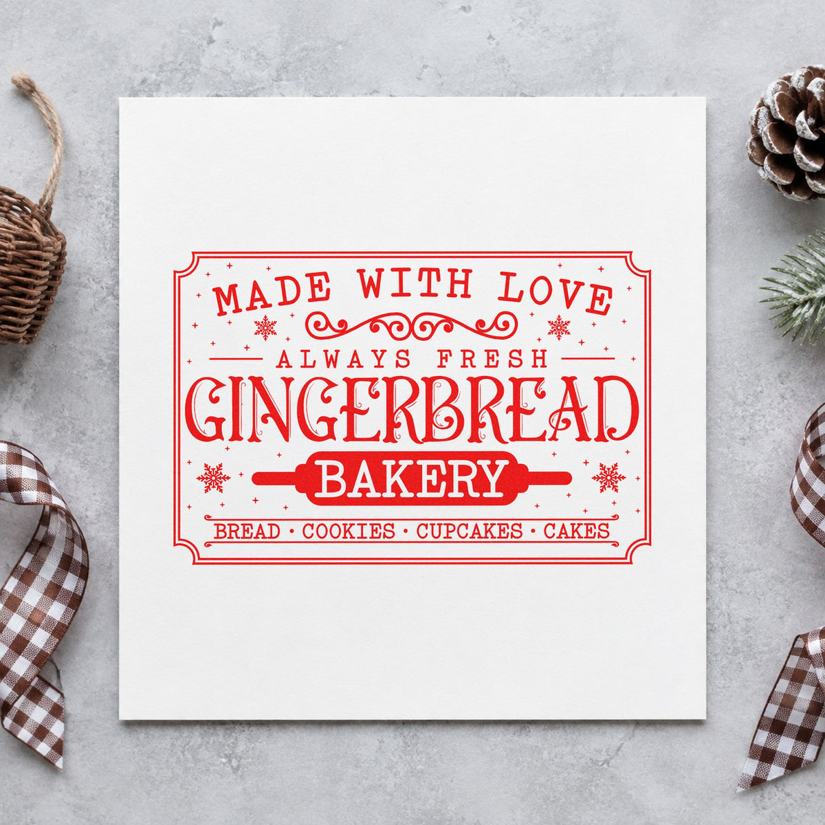 Gingerbread Bakery Vintage Sign craft stamp in red ink on cardstock, an easy option for counter cloth printing.