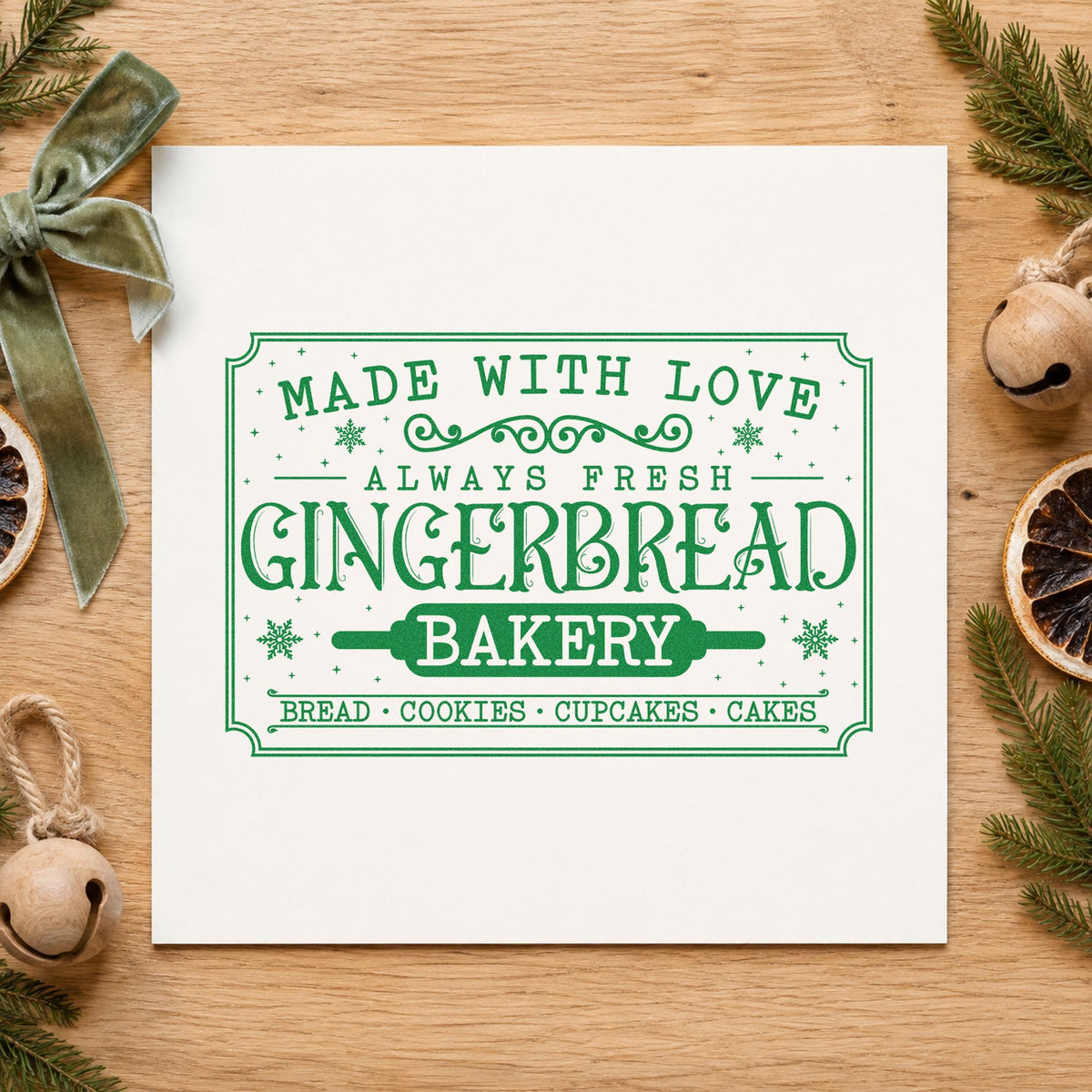 Gingerbread Bakery Vintage Sign craft stamp imprinted in green ink on paper, a design suited to framed shop window.