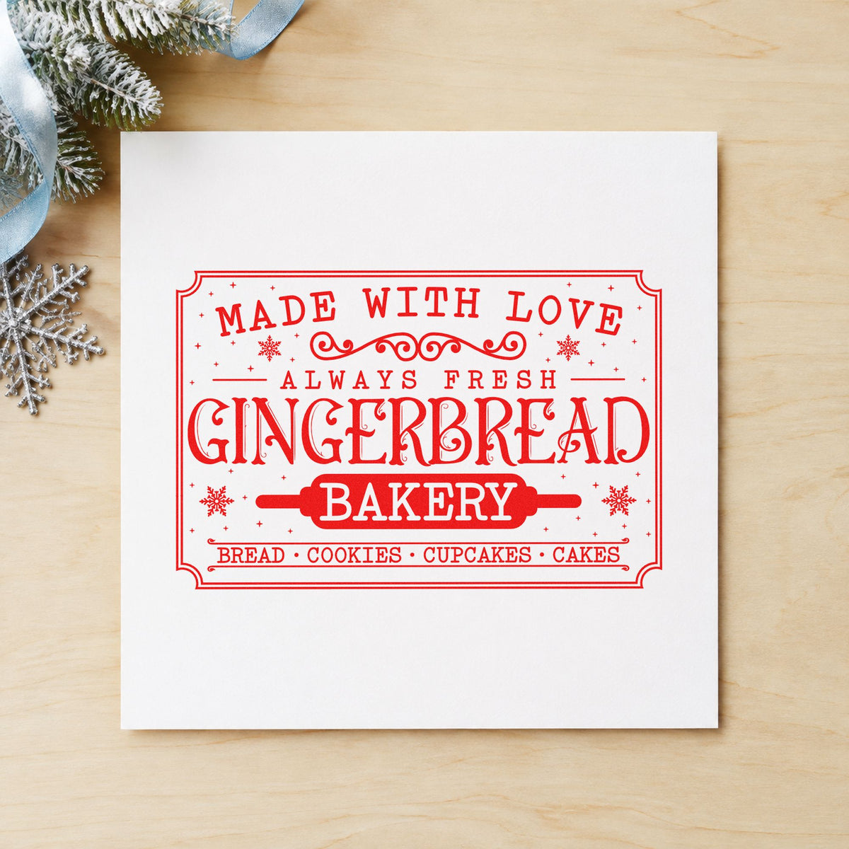 Gingerbread Bakery Vintage Sign rubber stamp shown in red ink, stamped for projects such as case shelf labels.