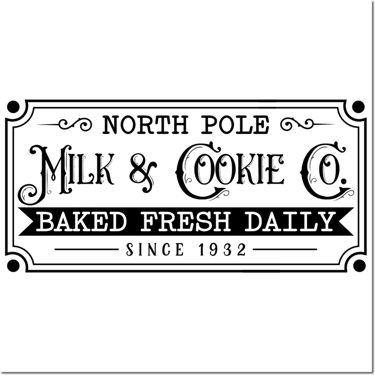 Black-and-white vintage bakery stamp seal reading North Pole Milk & Cookie Co., Baked Fresh Daily Since 1932.