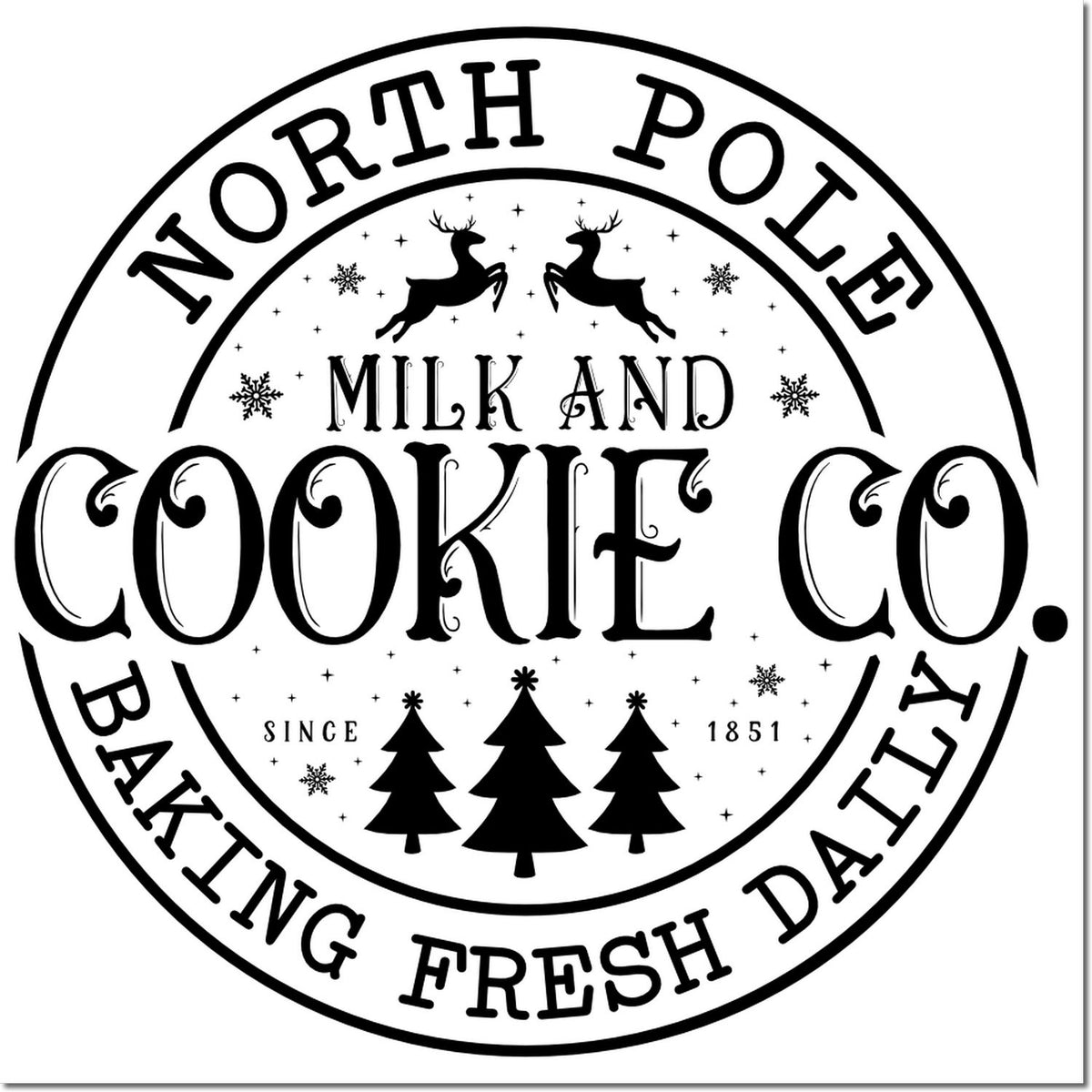 Black-and-white North Pole Baking Fresh Daily cookie stamp seal with reindeer, snowflakes, and pine trees.