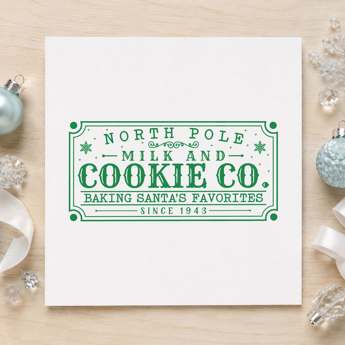 North Pole Santa's Favorites Sign craft stamp imprint in green ink on a handmade project, one idea being classic box tags.
