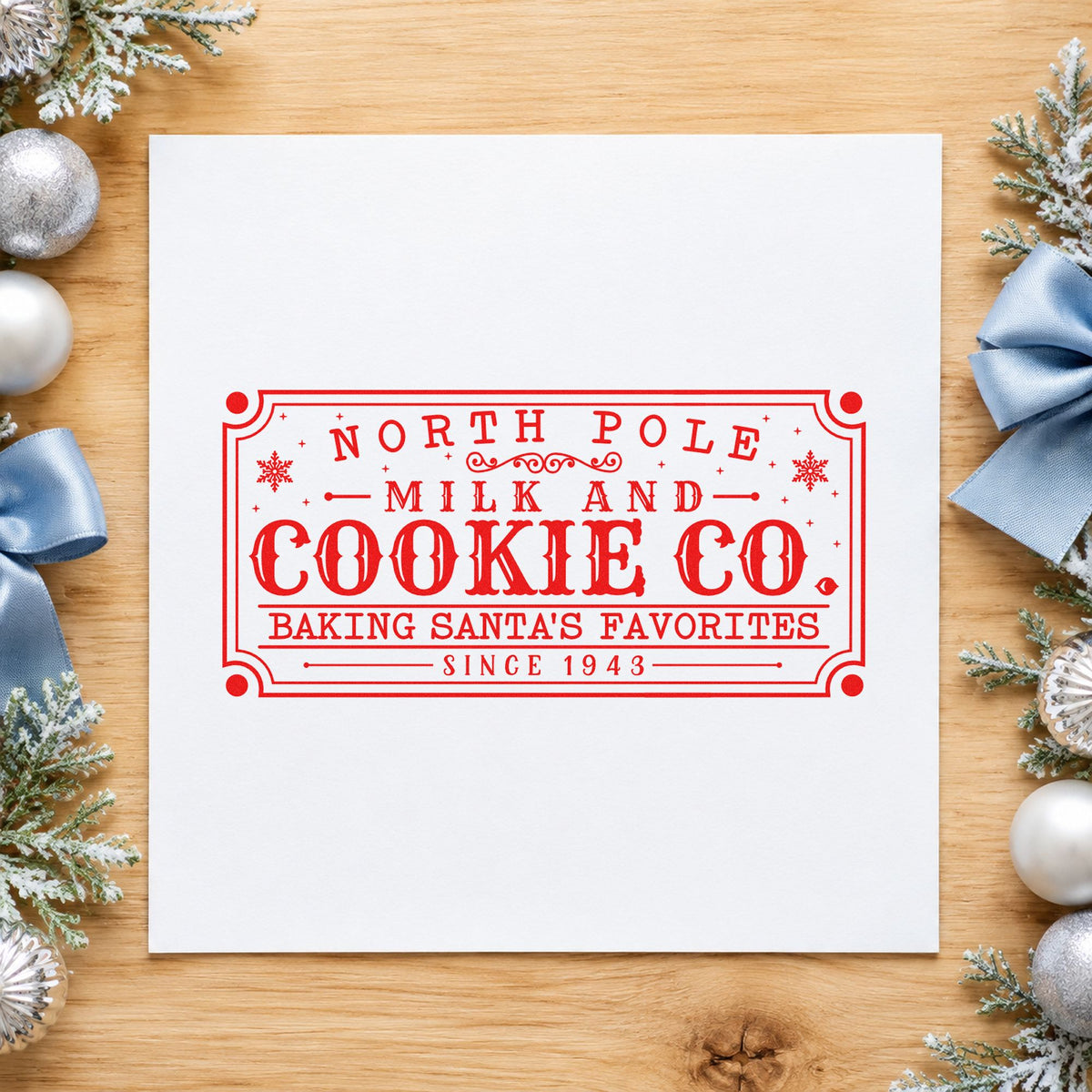 North Pole Santa's Favorites Sign rubber stamp shown in red ink, stamped for projects such as archive tin labels.