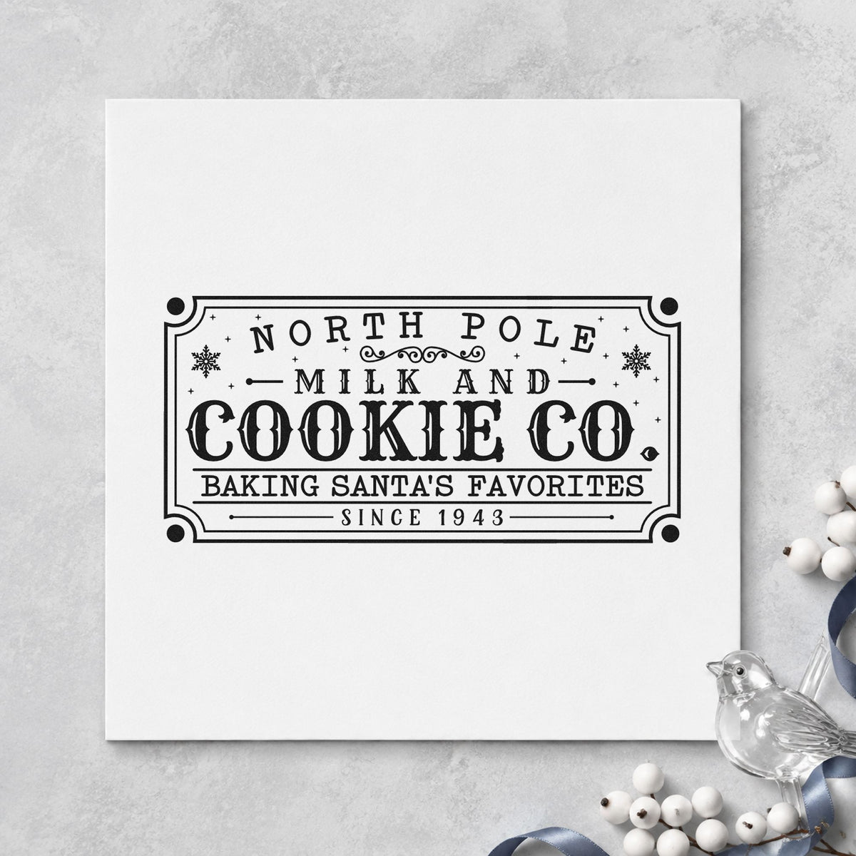 North Pole Santa's Favorites Sign rubber stamp printed in black ink, ready for bordered heritage cards and similar paper crafts.