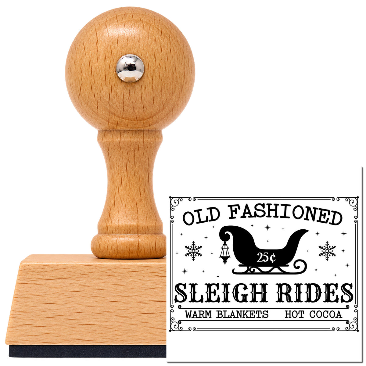 Vintage Pro beech wood stamp with a round knob handle, shown with its black Old Fashioned Sleigh Rides Snowflakes imprint on white.