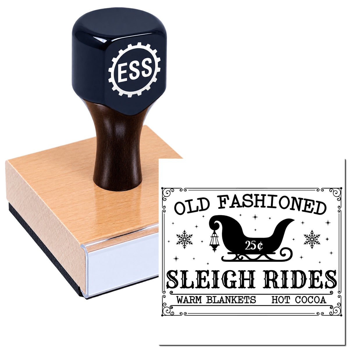 Dark blue ESS rubber stamp on a wooden base, with a black vintage sleigh rides seal design on white background.