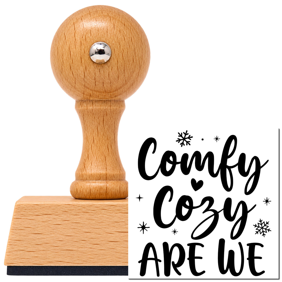 Vintage Pro beech wood stamp with a round knob handle, shown with its black Comfy Cozy Are We imprint on white.