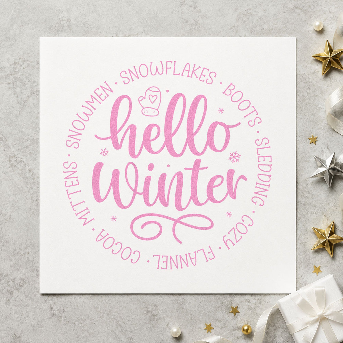 Hello Winter Circular Words craft stamp in purple ink on cardstock, an easy option for term list album.