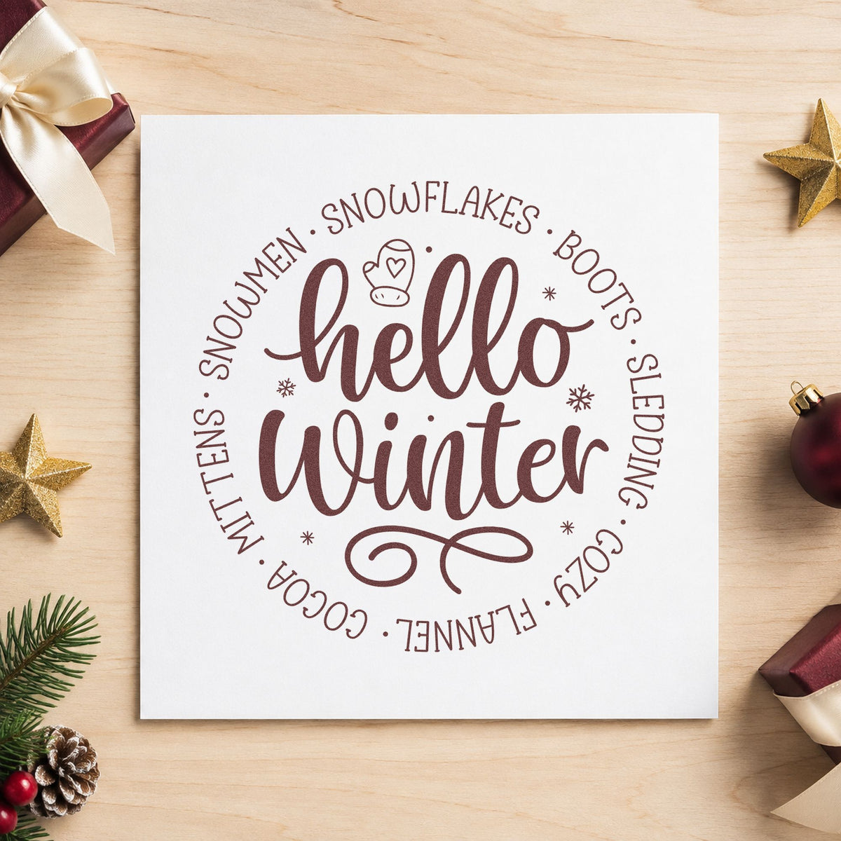 Hello Winter Circular Words rubber stamp printed in brown ink, ready for season term sheet and similar paper crafts.
