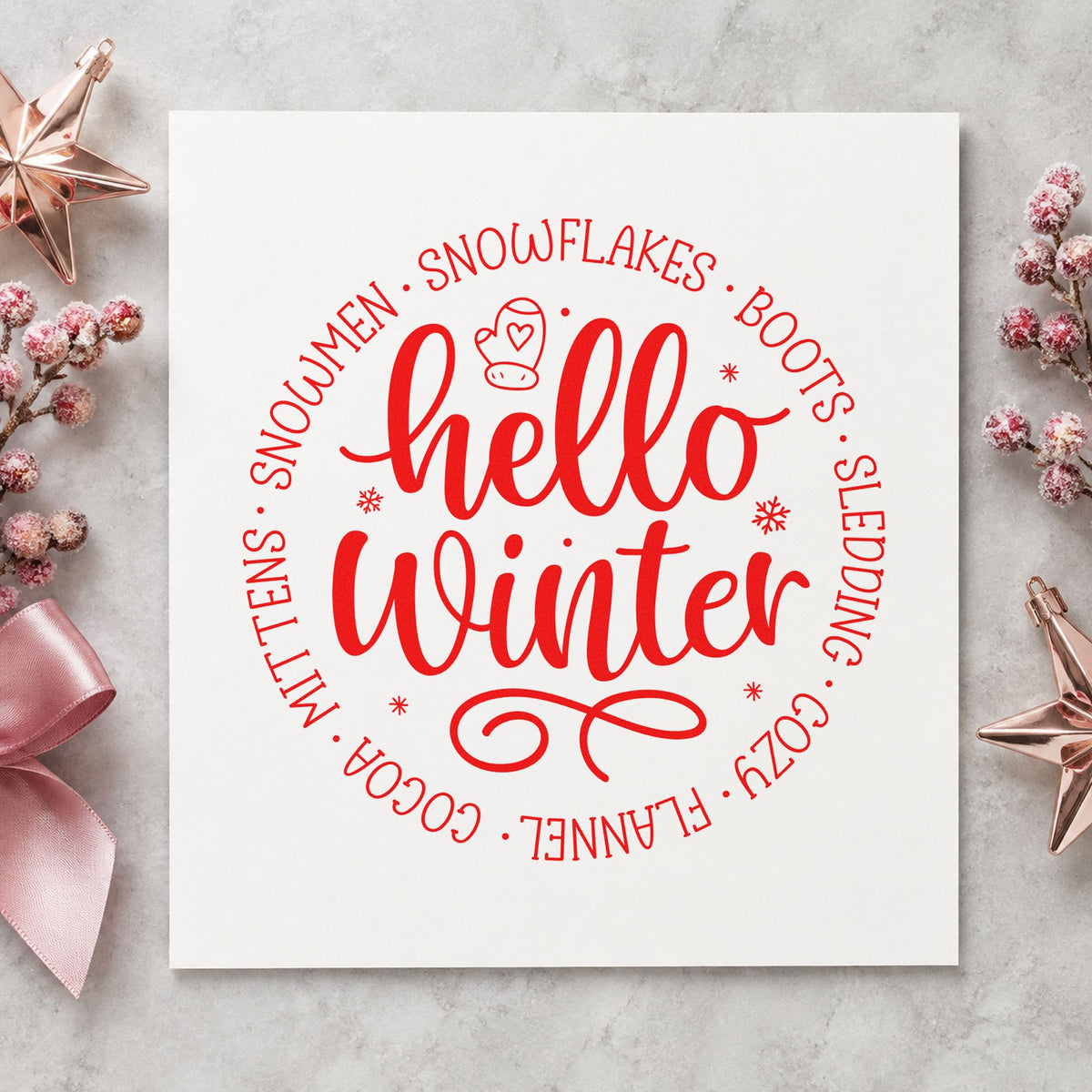 Hello Winter Circular Words rubber stamp shown in red ink, stamped for projects such as jar ring labels.
