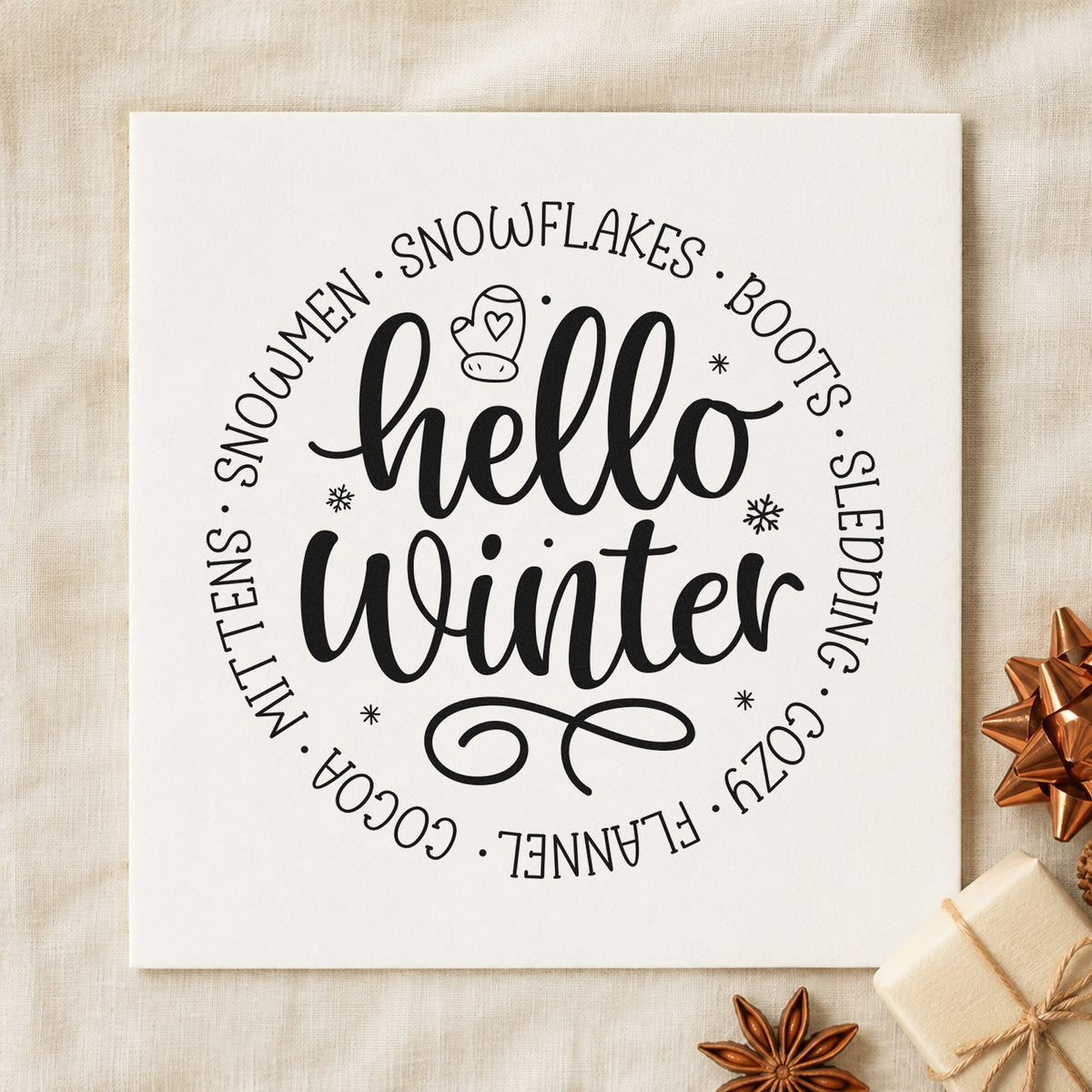 Hello Winter Circular Words rubber stamp printed in black ink, ready for word circle cards and similar paper crafts.