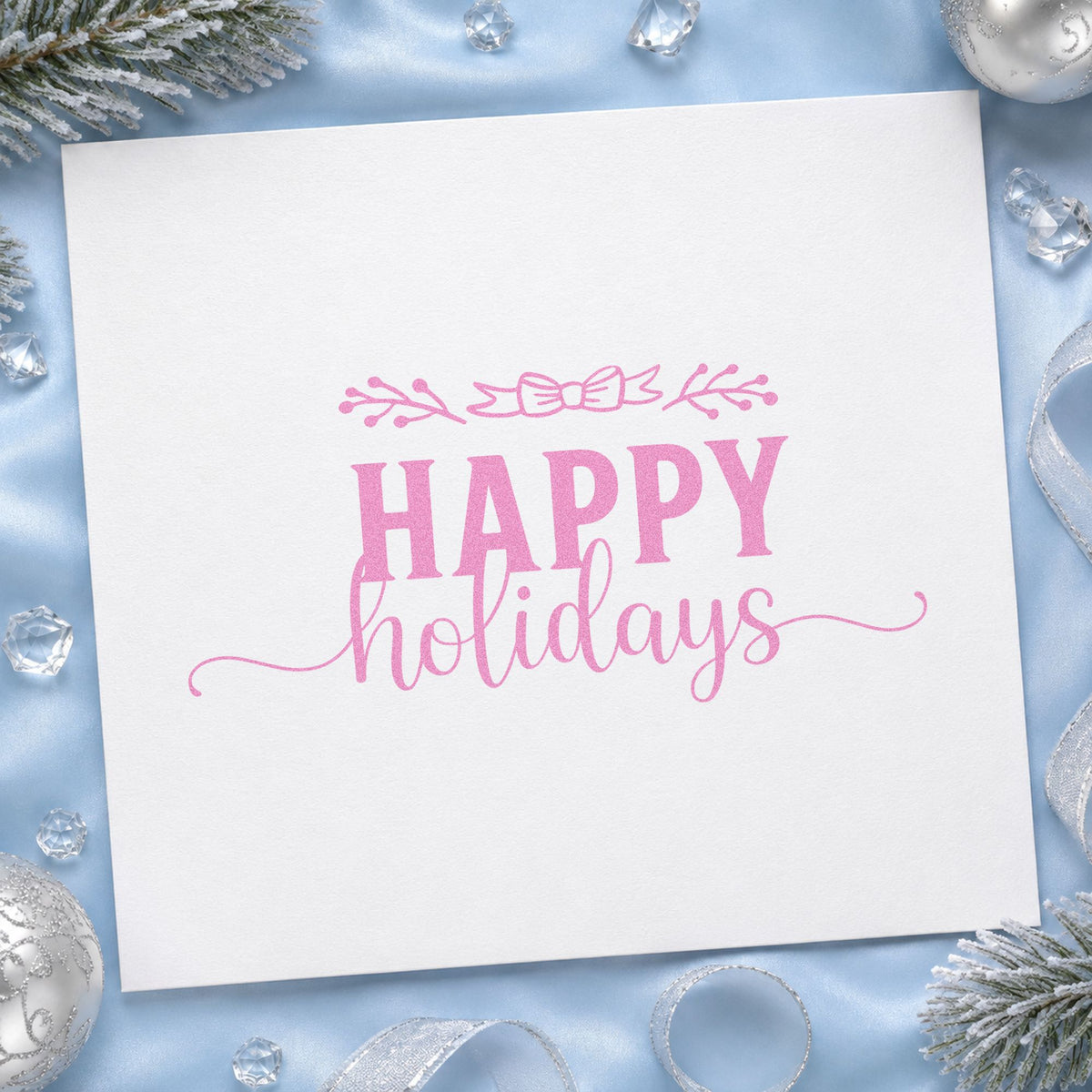 Happy Holidays Leafy Flourish craft stamp in purple ink on cardstock, an easy option for page frame album.
