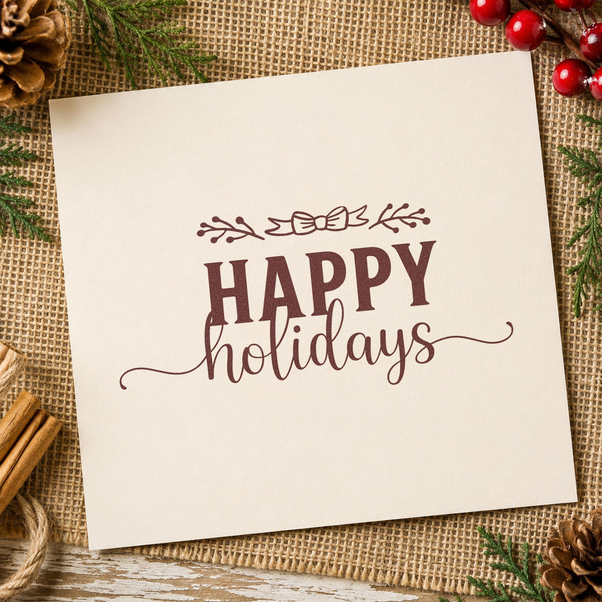 Happy Holidays Leafy Flourish rubber stamp printed in brown ink, ready for header footer sheet and similar paper crafts.
